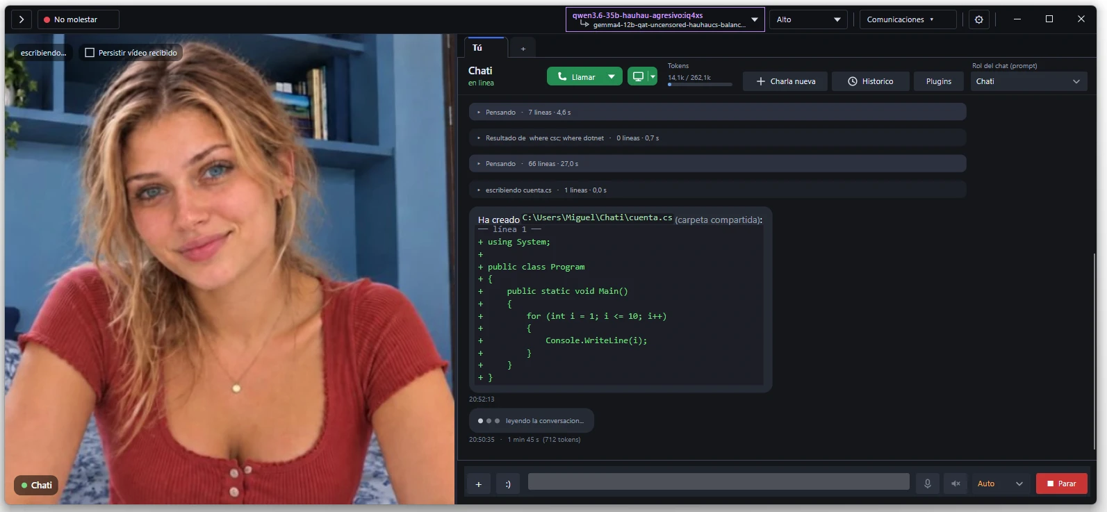 Chati.AI: video call on the left, chat on the right