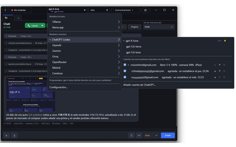 Model menu with local and cloud providers and several accounts